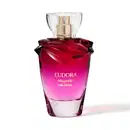 Frasco do desodorante colônia Eudora Magnific Pink Peônia, com design em formato de flor e coloração rosa vibrante, com rótulo destacado em dourado.