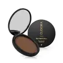 Pó compacto ultra matte da marca Eudora Make, com embalagem preta redonda e texto dourado "Skin Perfection" na tampa.