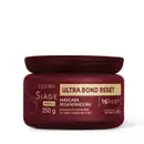 Pote de máscara regeneradora da linha Siàge Ultra Bond Reset, com embalagem vermelha escura e rótulo dourado, contendo 250 g do produto.