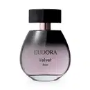 Frasco de item de perfumaria preto e arroxeado com tampa preta. Rótulo com o nome da marca "EUDORA" e o nome da linha "Velvet Soul" em letras pretas.