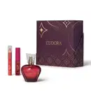 Conjunto de produtos da marca Eudora: Desodorante Colônia KissMe, o Gloss Labial e o Lápis Multifuncional na cor Cherry. Com uma caixa decorada com padrões dourados e estrelas em fundo roxo escuro, indicando ser um kit presente dia dos namorados.