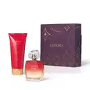 Conjunto de produtos de beleza da marca Eudora Imensi, incluindo um frasco do Desodorante Colônia e outra do Creme Hidratante, além de uma embalagem decorativa roxa com detalhes dourados, indicando que é kit presente de dia dos namorados.