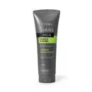 Frasco de shampoo masculino da marca Siàge, na cor cinza com detalhes verdes, com rótulo destacando "Cabelo e Barba" e "Limpeza Energizante".