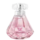 A imagem mostra o Desodorante Colônia Lyra, da marca Eudora, em frasco de vidro transparente com formato geométrico facetado como uma joia luxuosa. O líquido dentro é de cor rosa claro.