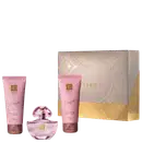 Kit Eudora Rosé contém sabonete líquido com glitter (100ml), perfume em frasco de vidro rosa, creme hidratante desodorante corporal (100g). Embalagem bege com detalhes dourados e padrão geométrico.