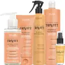 Produtos de cuidados capilares da marca Itallian Hairtech da linha Trivitt. Inclui shampoo 1l, creme de nutrição de 200g, máscara líquida de de 110ml, fluido para escova de 300g e reparador de pontas de 30ml.