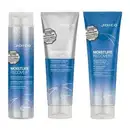 Três itens da marca Joico: shampoo, condicionador e creme de tratamento da linha Moisture Recovery, em embalagens de plástico com cores azul, branco e cinza.
