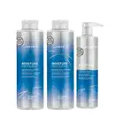 Três produtos da linha Moisture Recovery da marca Joico: shampoo, condicionador e bálsamo de tratamento, em embalagens plásticas com cores azul e branca, com rótulos destacando os benefícios de hidratação.