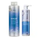 Dois produtos da linha Moisture Recovery da Joico: um frasco de shampoo e um recipiente de bálsamo de tratamento, ambos com design moderno e predominância de cores azul e prata.