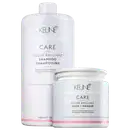 Dois produtos da marca Keune Care: um frasco de shampoo Color Brillianz e um pote de máscara Color Brillianz, ambos em embalagens brancas com detalhes em rosa, apresentando informações sobre a proteção da cor dos cabelos.