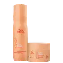 Frasco de shampoo com o logotipo da Wella e o nome "Nutri-Enrich with Goji Berry" impresso. Também há uma máscara capilar na mesma cor laranja.