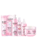 Produtos da linha Elseve Glycolic Gloss da L'Oreal, incluindo shampoo, condicionador, creme e tratamento para cabelos. Embalagens em tons de rosa e branco com rótulos destacando os benefícios do ácido glicólico.