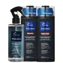 A imagem mostra uma linha de produtos de cabelo da marca Truss chamada "Frizz Zero". Há um frasco spray de máscara líquida, um pote de shampoo e um de condicionador. Todos os produtos têm uma aparência sofisticada em tons de azul e preto.