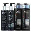 A imagem mostra um sérum noturno, um frasco de shampoo e condicionador e um leave-in. Os produtos são apresentados em frascos plásticos pretos e prata, exibindo os logotipos e descrições da marca Truss.
