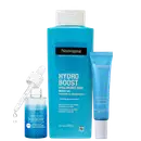 O imagem mostra um kit com 3 produtos Neutrogena da linha Hydro Boost. Um frasco grande, no meio, de hidratante corporal, na esquerda um frasco menor azul com o aplicador acima e na direita uma bisnaga pequena azul, com tampa branca para a área dos olhos.