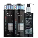 A imagem mostra três produtos da marca Truss para cuidados com os cabelos. São dois frascos grandes de 300ml contendo Shampoo e Condicionador da linha Ultra Hydration Plus. Há também um frasco menor, do leave-in Hair Protector.