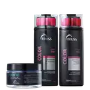 A imagem mostra produtos da marca Truss. São apresentados:

1- Shampoo Color
2- Condicionador Color
3- Máscara Capilar Specific