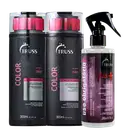 Na imagem um shampoo para cabelos coloridos da linha Color, que promete proteger a cor. Um condicionador da mesma linha. E um leave-in da linha Plus+, para reconstrução capilar, ação anti-quebra e brilho para cabelos muito danificados e opacos.