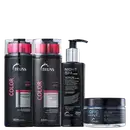 Na imagem um shampoo e condicionador da linha Color em embalagem preta com detalhes em prata e rosa. Um sérum noturno e uma máscara capilar.