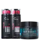 Kit Truss Color para cabelos coloridos inclui shampoo, condicionador e máscara Net Mask. Protege a cor, repara danos, hidrata e fortalece os fios. Ideal para manter cabelos saudáveis, sedosos e com uma cor vibrante.