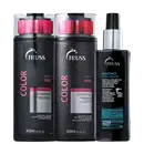 Na imagem há um shampoo e um condicionador de 300ml cada, ambos da linha Color. Eles têm um design preto com detalhes em rosa. O terceiro produto é um leave-in de 225ml que hidrata, desembaraça, protege a cor e facilita o alisamento dos cabelos.