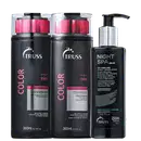 Na imagem um shampoo e um condicionador da linha Color, ambos em embalagens pretas e rosa, para proteção da cor e tratamento dos fios. Também há um sérum noturno chamado Night Spa, em embalagem preta com ativos orgânicos e high-tech para hidratação.