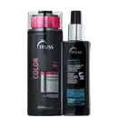 Na imagem há um shampoo de 300ml da linha Color. Ele têm um design preto com detalhes em rosa. Ao lado há um leave-in de 225ml que hidrata, desembaraça, protege a cor e facilita o alisamento dos cabelos.