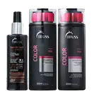 A imagem mostra uma linha de produtos para cabelos da marca Truss. São eles:
- Shampoo Color
- Condicionador Color
- Leave-in Day By Day
