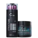 A imagem mostra 2 produtos TRUSS lado a lado. O primeiro é o shampoo Structure, numa embalagem de 300ml da cor preta com detalhes prateados e rosa. O segundo é a Net Mask em uma embalagem de 550g preta, rótulo com letras prateadas e detalhes azuis.