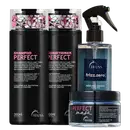 A imagem mostra 4 produtos TRUSS lado a lado. Temos o shampoo, condicionador e máscara Perfect, com embalagem preta e letras em rosa e branco; e o Frizz Zero de embalagem spray com tampa preta e rótulo azul.
