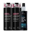 A imagem mostra 3 produtos TRUSS lado a lado. Temos o shampoo e condicionador Perfect, com embalagem preta e letras em rosa e branco com desenho de flores na tampa; e o Amino com embalagem pump preta, rótulo com  letras brancas e detalhes azuis.