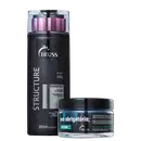 A imagem mostra dois produtos de cuidados capilares da marca Truss. O primeiro é um shampoo apresentado em um frasco preto com detalhes em roxo. O segundo produto é uma máscara capilar que vem em um pote transparente com rútulo preto e detalhes em azul.