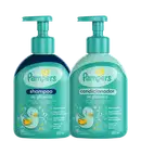 A imagem mostra shampoo e condicionador Pampers em embalagem pump de 200ml na cor verde claro com ilustração de um patinho no rótulo.