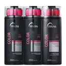 A imagem mostra três frascos de produtos para cabelos coloridos da marca Truss. São dois shampoos e um condicionador, todos com embalagens pretas de 300ml.