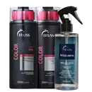 Produtos para cabelos da marca TRUSS. Dois frascos plásticos pretos de 300ml contendo shampoo e condicionador da linha Color, com detalhes em rosa. Um frasco transparente de 300ml com uma máscara líquida frizz.zero de tratamento anti-frizz.