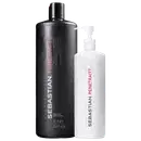 Dois produtos de cuidados capilares da marca Sebastian Professional. Um é um shampoo em uma embalagem preta de plástico de 1 litro, com o nome "Sebastian Penetraitt". O outro é um produto em uma embalagem branca, também com o nome "Sebastian Penetraitt".