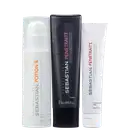 Produtos capilares da marca Sebastian Professional. O primeiro é um frasco branco com detalhes laranja, o Potion 9. O segundo é um shampoo em uma embalagem preta, o Sebastian Penetraitt. O terceiro é uma máscara em um tubo branco, a Sebastian Penetraitt.