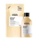 Embalagem de shampoo profissional da marca L'Oréal Professionnel, com frasco plástico preto e rótulo bege. Texto indica "Absolut Repair" e "Nova fórmula Protein + Omega-9". Também mostra informações sobre o tamanho do produto e a série expert.