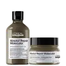 A imagem mostra dois produtos da linha L'Oréal Professionnel Série Expert Absolut Repair Molecular: um shampoo em um frasco marrom com tampa preta, contendo 300ml e uma máscara capilar em um pote plástico marrom com tampa preta, contendo 250ml.