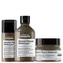 A imagem mostra três produtos da linha Absolut Repair Molecular da L'Oréal Professionnel. Um frasco marrom contendo shampoo de 300ml. Uma máscara em um pote plástico marrom de 250ml. E uma máscara de tratamento sem enxágue em um frasco marrom de 100ml.