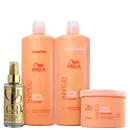 A imagem mostra produtos da marca Wella Professionals. Há dois frascos grandes de 1 litro, um rotulado como "Shampoo" e outro como "Condicionador". Também há um frasco menor de óleo para cabelos, rotulado como "Reflections", e um pote de máscara capilar.