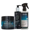 A imagem mostra produtos de cuidados capilares da marca TRUSS. Um Uso Obrigatório, uma máscara NET Mask e um Sérum Noturno Night SPA.