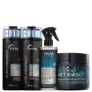 A imagem mostra uma linha de produtos para cabelos da marca Truss. Shampoo e condicionador Hydration Plus. Uso Obrigatório e NET Mask.
