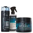 A imagem mostra três produtos de cuidados capilares da marca TRUSS. Um condicionador Ultra Hydration, um Uso Obrigatório e uma máscara capilar NET Mask.