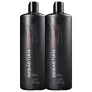 São dois frascos de shampoo da marca Sebastian Professional. Os frascos são pretos, altos e cilíndricos, com capacidade de 1 litro ou 33,8 fl oz cada.