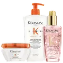Kit com shampoo e máscara capilar Nutritive, óleo capilar Elixir Ultime Rose, da marca Kerastase.