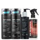 Kit com shampoo, condicionador Infusion, sérum noturno Night SPA e tratamento reconstrutor Uso Obrigatório Miracle Summer, da marca TRUSS.