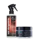 Produto de cuidado capilar da marca TRUSS. Um frasco spray vermelho de 260ml com o nome "Uso obrigatório Miracle Summer". Um pote preto com a inscrição "Specific Mask" de 180g.