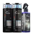 A imagem mostra um kit de TRUSS, sendo um shampoo e um condicionador da linha Ultra Hydration Plus e um frasco do uso obrigatório Blond.