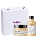A imagem mostra caixa presenteável branca da Beleza na Web e produtos da marca L'Oréal Professionnel, da linha Absolut Repair: shampoo de 300ml e máscara de 250g.